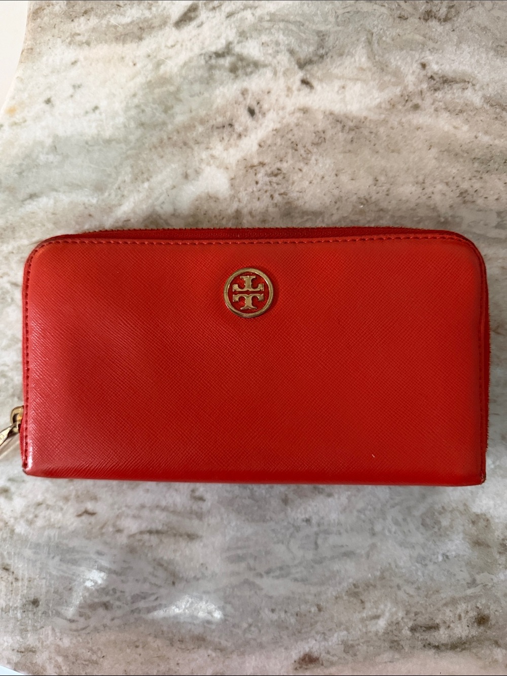 Tory Burch Coral-Red Zip Wallet with Gold Logo